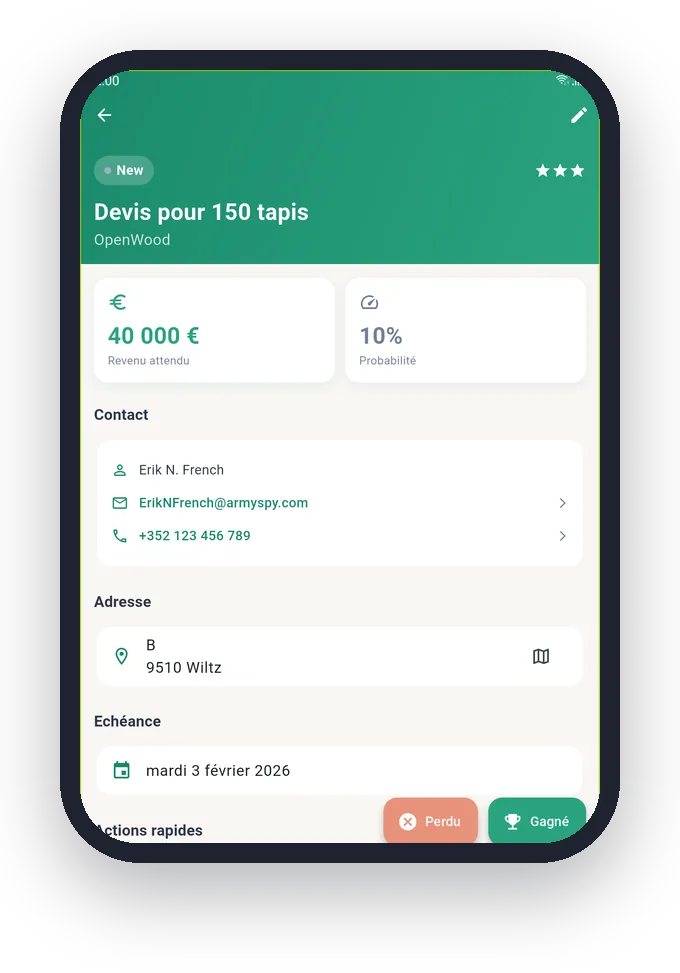 Fiche opportunité dans ASKA Sales : revenu attendu, probabilité, contact et échéance