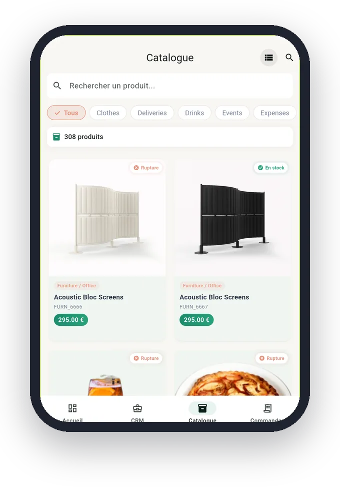 Catalogue produits dans ASKA Sales avec prix et indicateur de stock