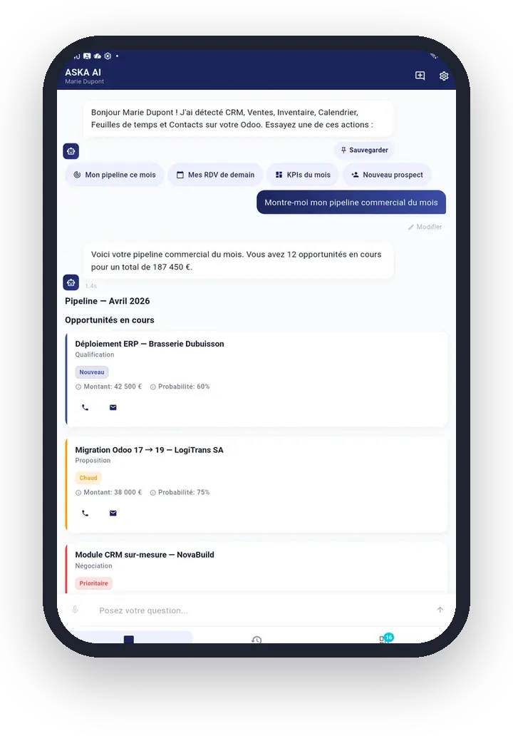 ASKA AI sur téléphone : le pipeline commercial du mois résumé par l'assistant