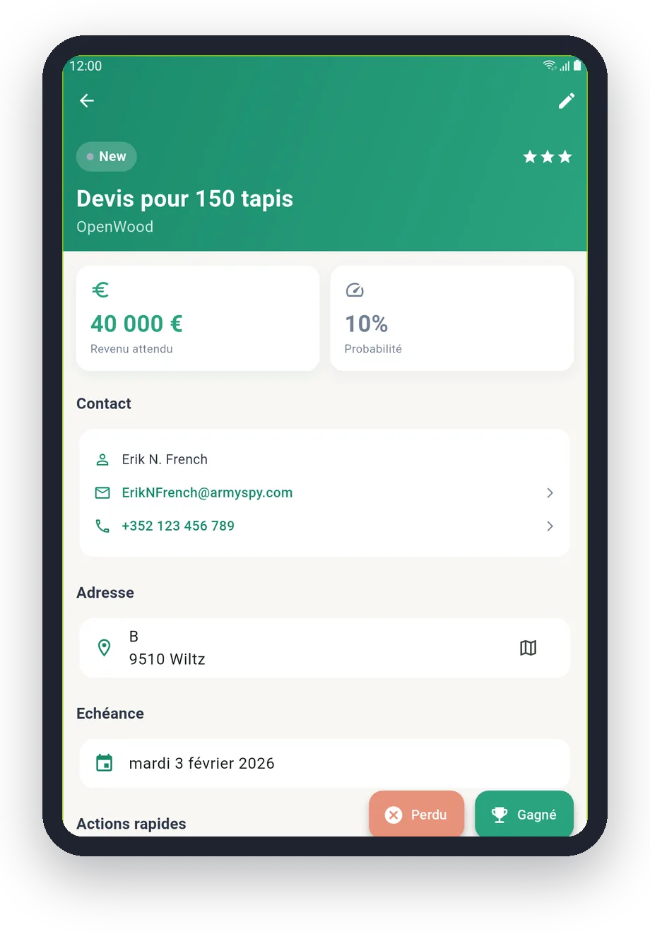 ASKA Sales sur tablette : fiche d'une opportunité avec montant et probabilité