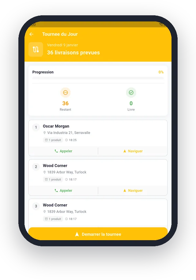 Tournée du jour du livreur avec les boutons Appeler et Naviguer dans ASKA Logistics