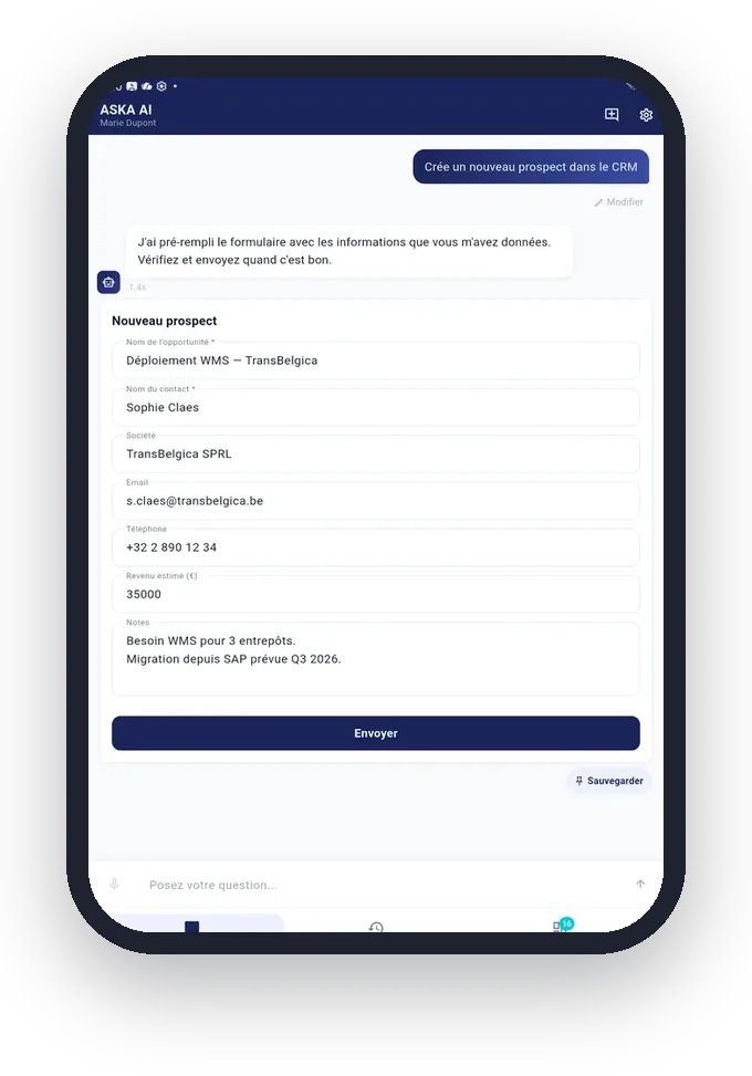 Prospect dicté au téléphone et prérempli dans Odoo par l'IA, en attente de validation