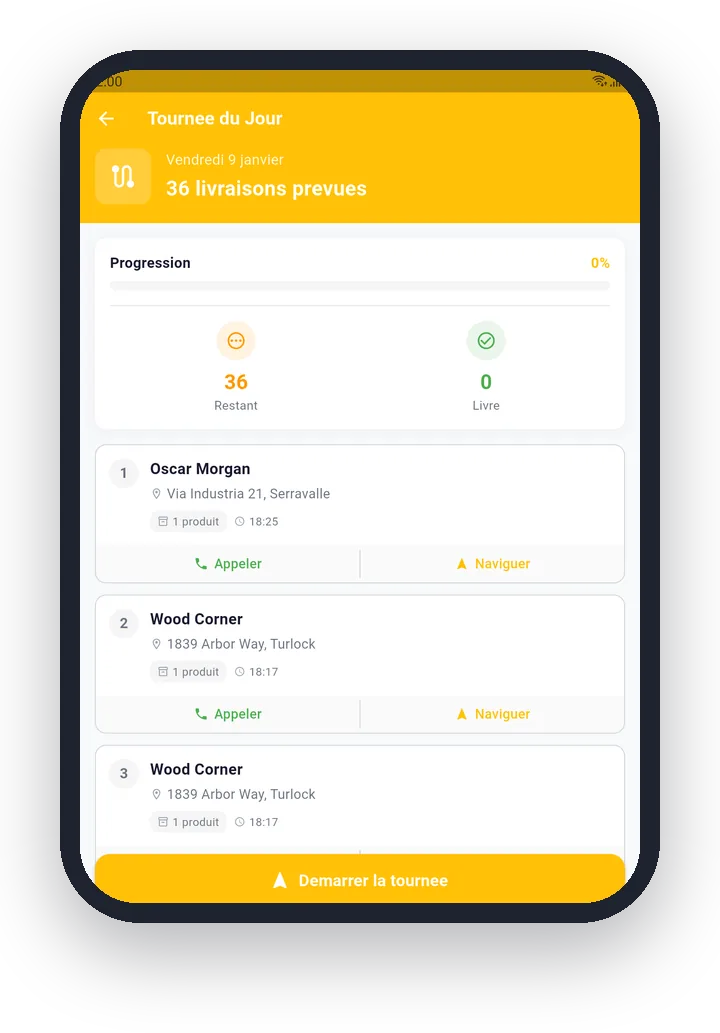 ASKA Logistics sur téléphone : tournée du jour avec 36 livraisons prévues