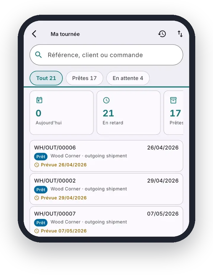 ASKA Suite sur téléphone : les transferts de stock de la tournée, repris d'Odoo