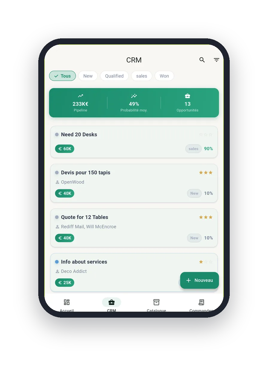 Pipeline CRM dans ASKA Sales sur téléphone : opportunités avec montants, probabilités et total du pipeline