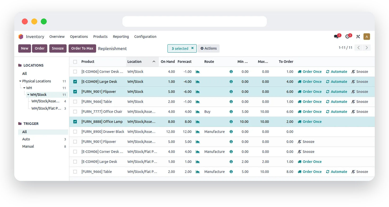 Réapprovisionnement dans Odoo Inventaire : stock par emplacement et quantités à commander