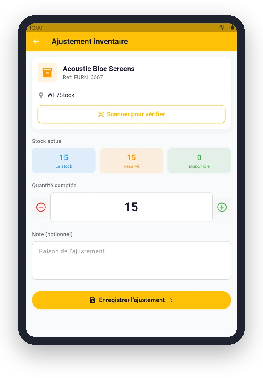 Ajustement d'inventaire sur tablette dans ASKA Logistics : stock actuel, quantité comptée et emplacement WH/Stock