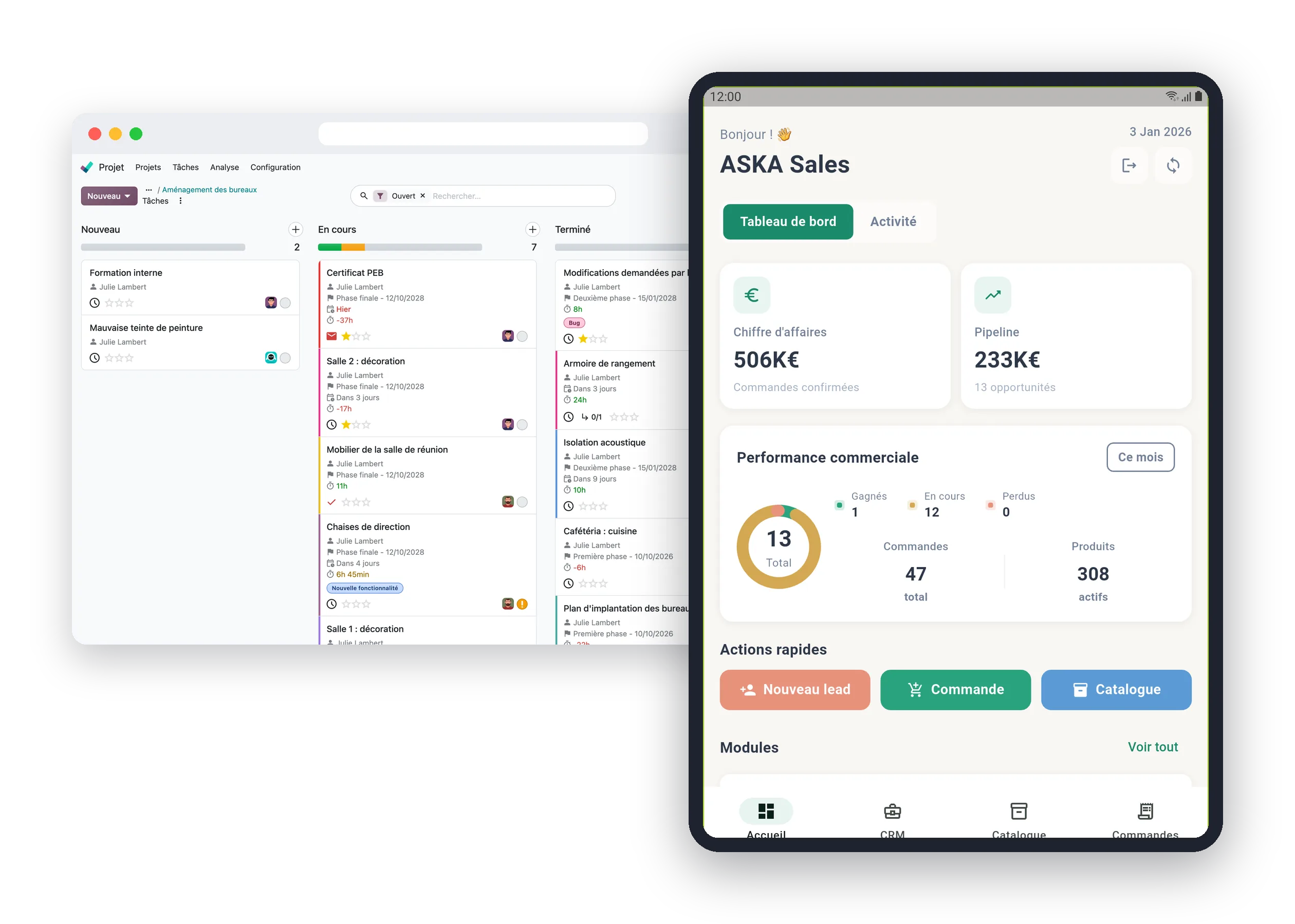 Odoo Projet sur ordinateur et tableau de bord de l'application ASKA Sales sur tablette