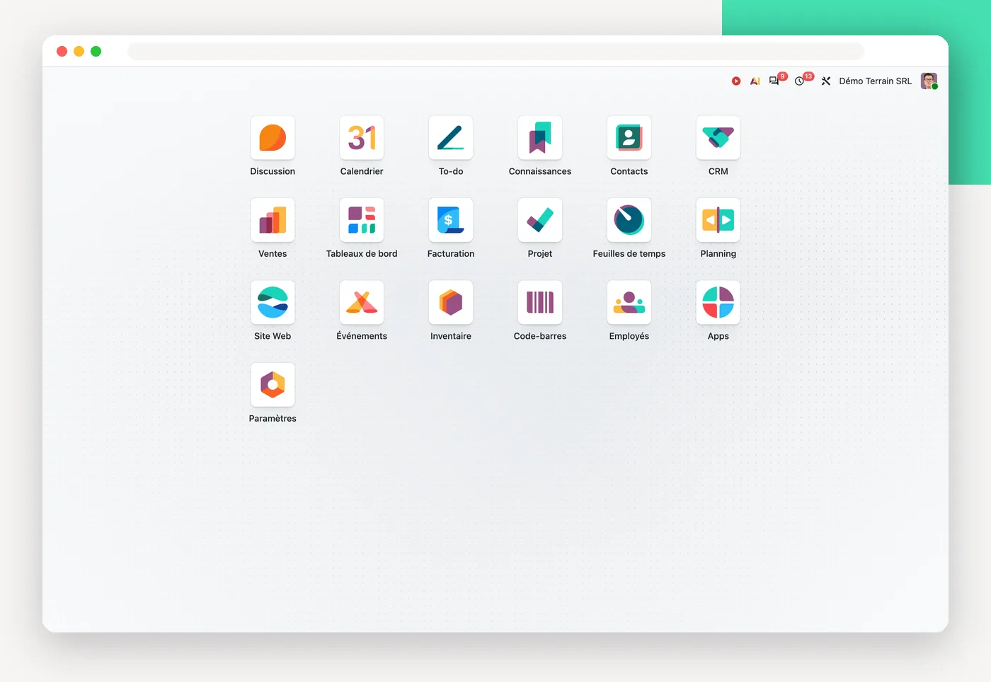 L'écran d'accueil d'Odoo 20 et ses applications