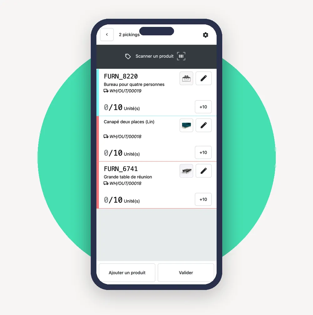 Préparation de commande dans l'application Code-barres d'Odoo 20 sur téléphone