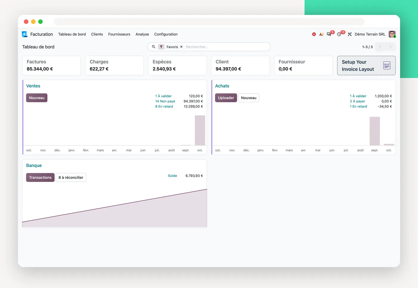 Le tableau de bord de la comptabilité d'Odoo 20