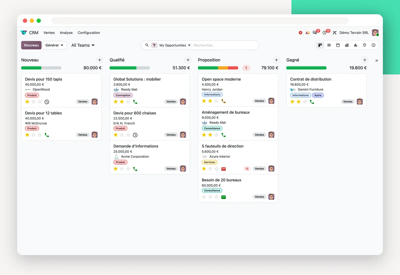 Le pipeline du CRM d'Odoo 20
