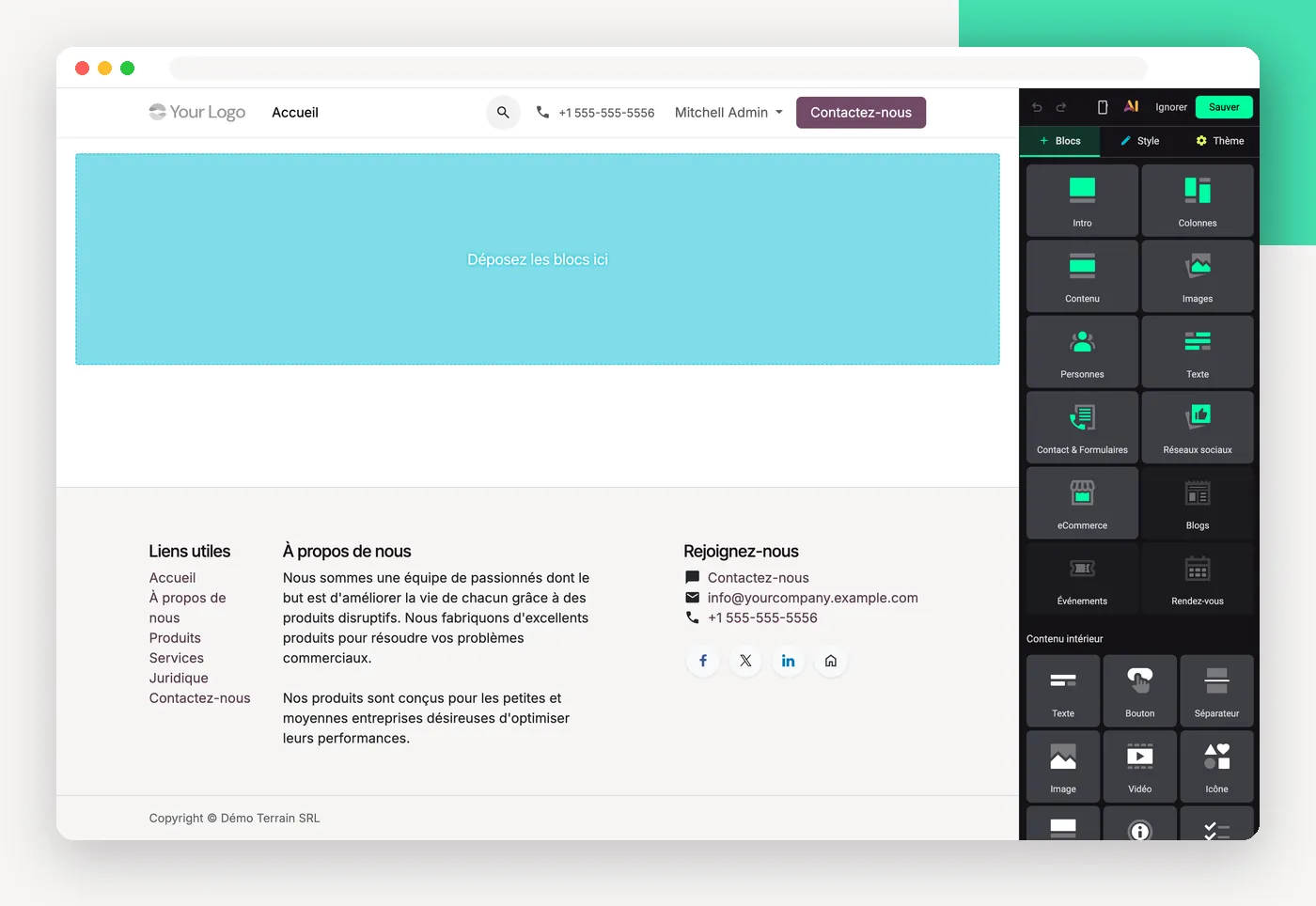L'éditeur de site web d'Odoo 20 avec ses blocs