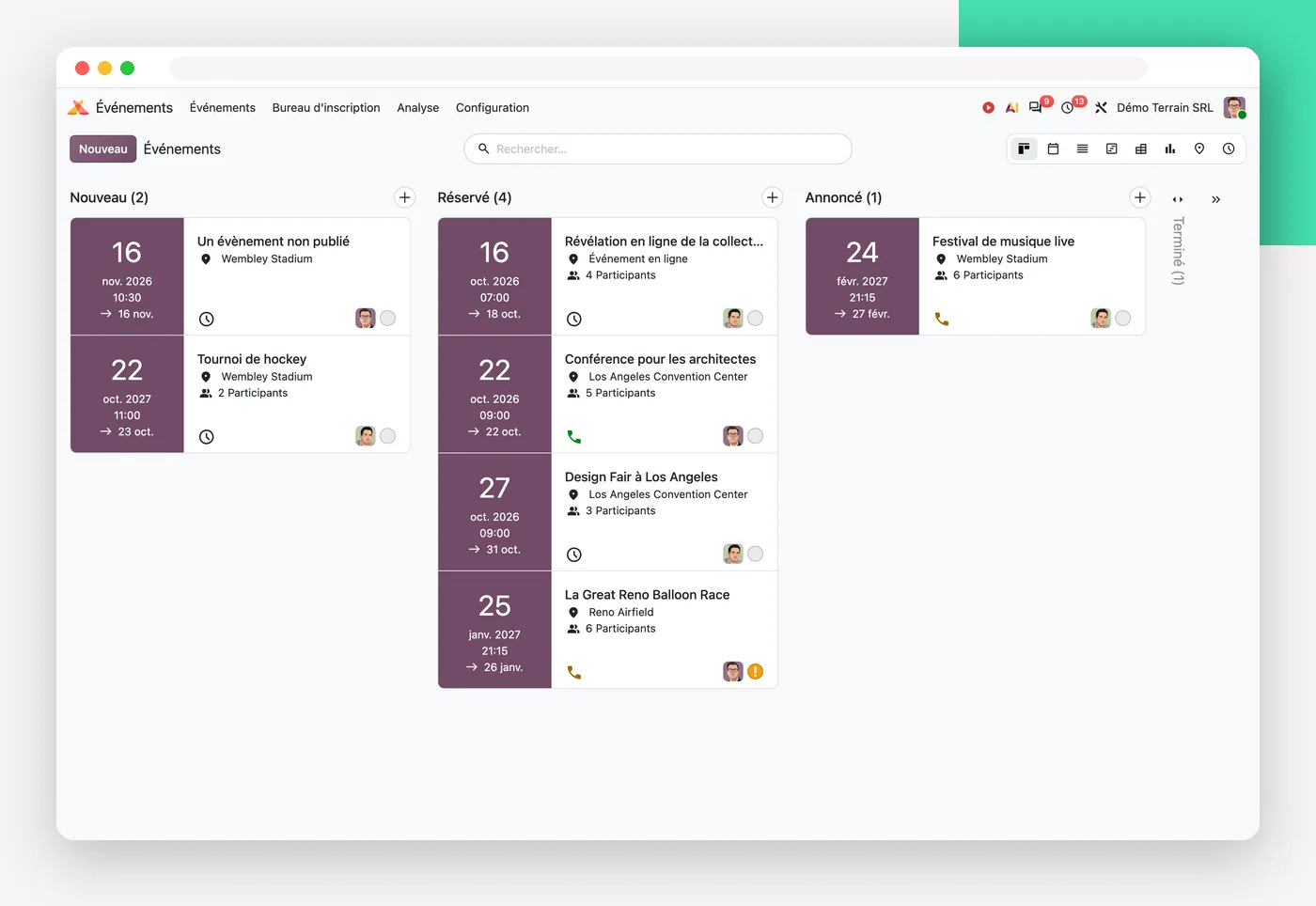 La liste des événements dans Odoo 20