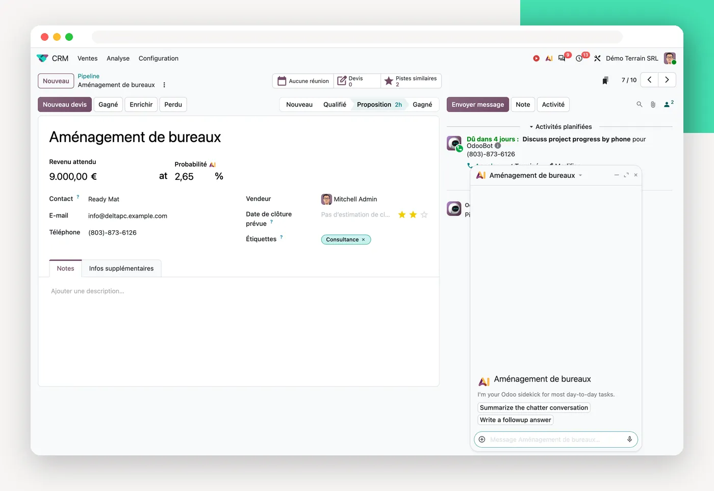 Le panneau IA ouvert sur une opportunité dans Odoo 20