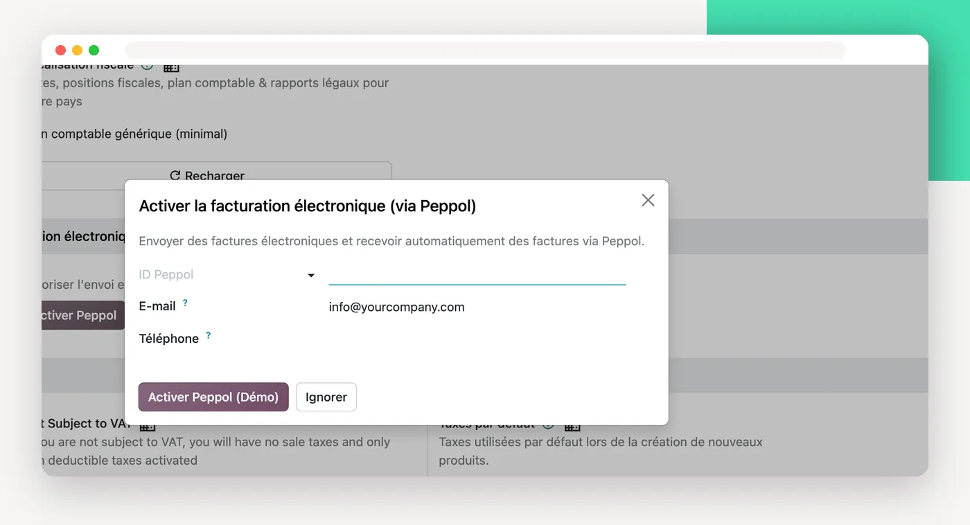 Fenêtre d'activation de Peppol dans les paramètres de facturation d'Odoo 20