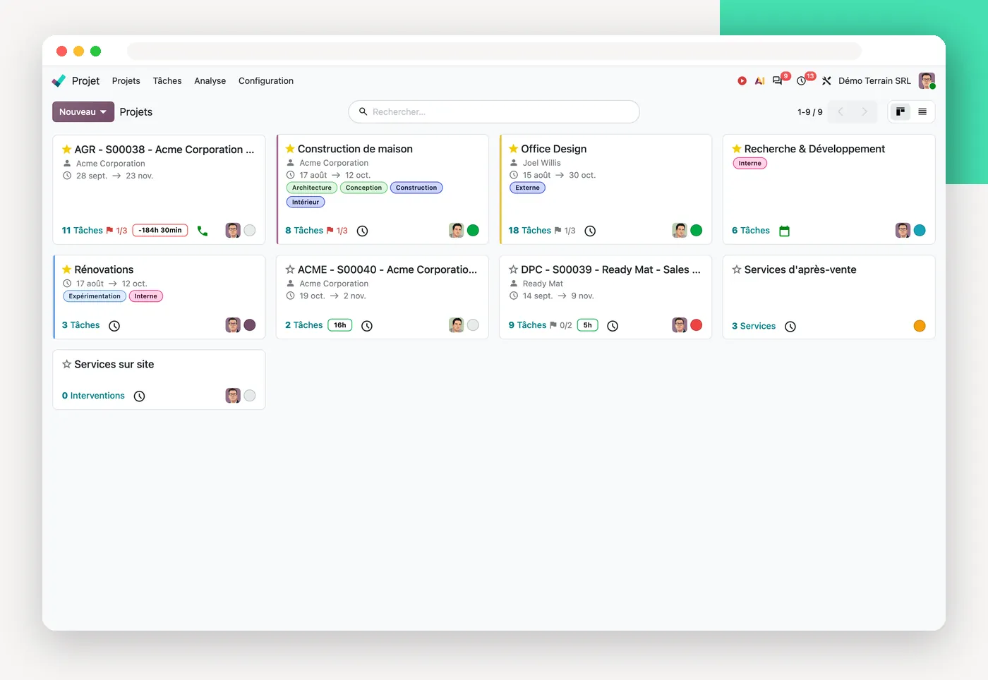 Vue des projets dans Odoo 20