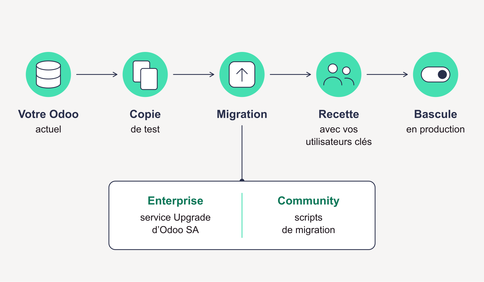 Les étapes d'une migration Odoo : copie de test, migration, recette, bascule