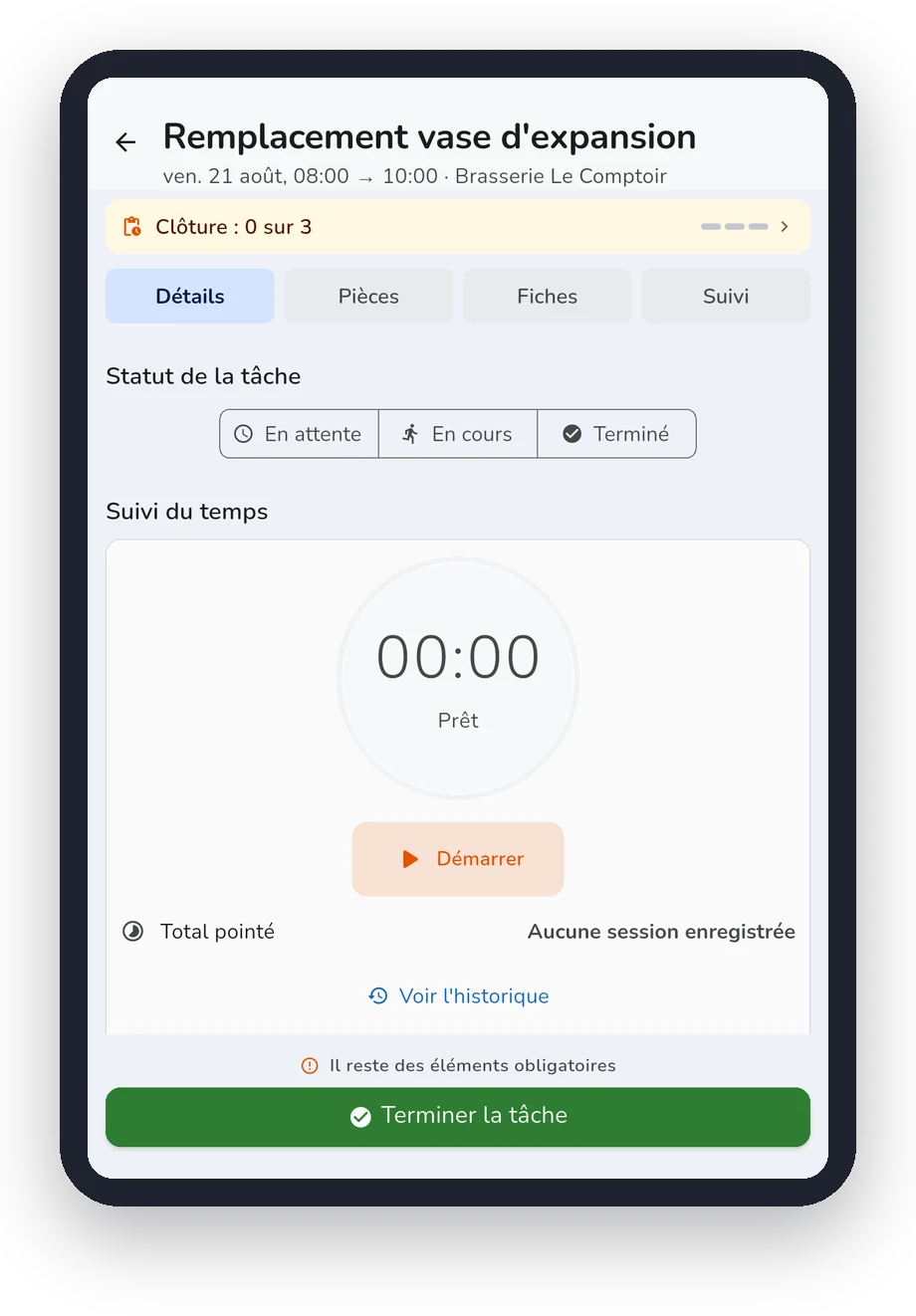 ASKA Field sur tablette : fiche d'intervention avec suivi du temps