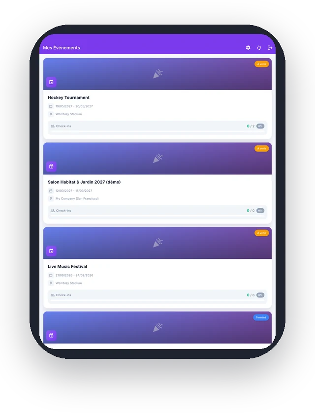 Liste « Mes événements » dans ASKA Events avec le nombre de check-ins par événement