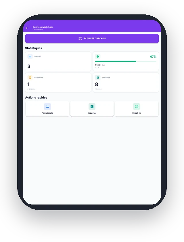 Statistiques d'un événement dans ASKA Events : inscrits, taux de check-in et bouton Scanner check-in
