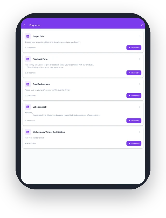 Liste des questionnaires d'un événement dans ASKA Events, avec le nombre de réponses