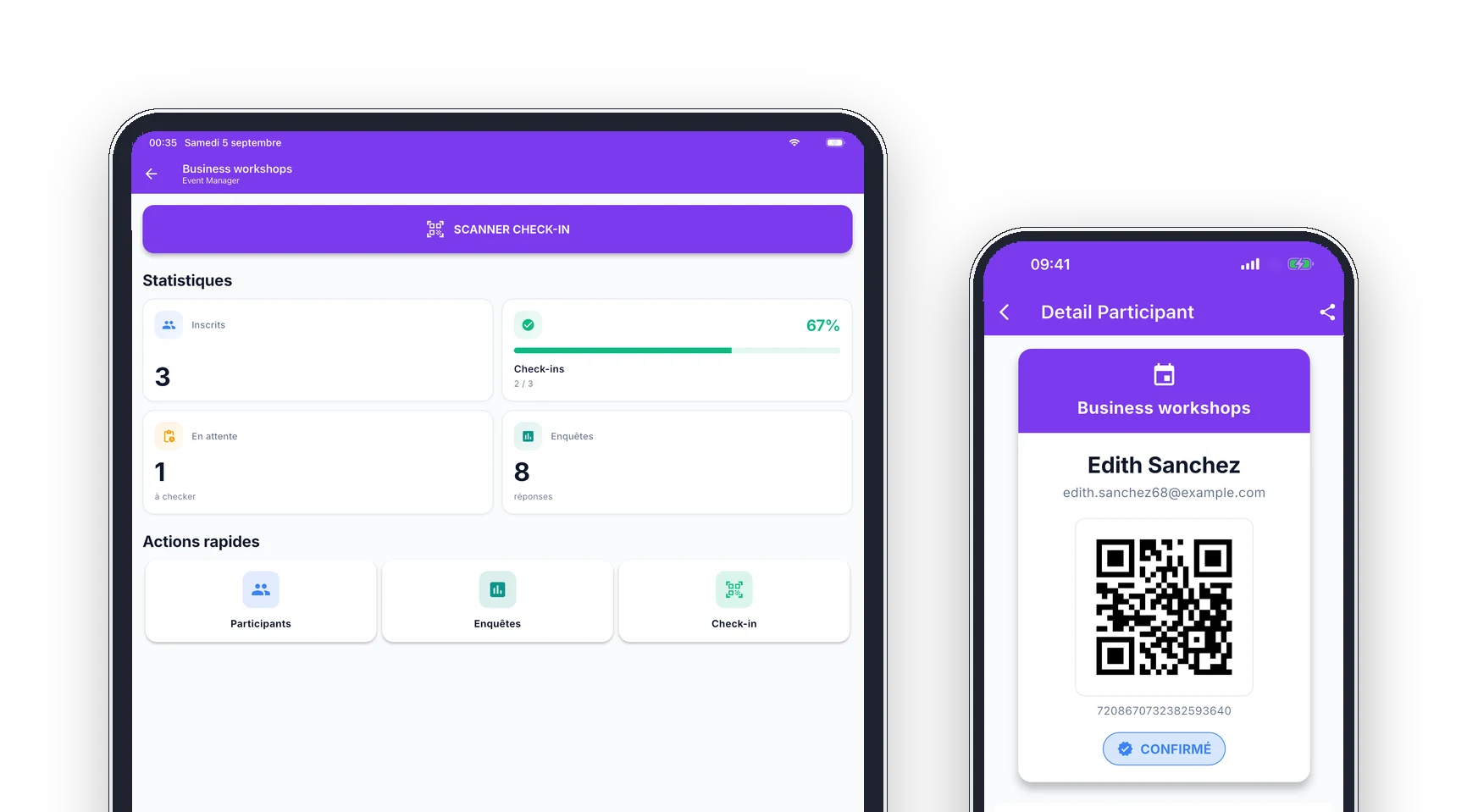 ASKA Events sur tablette et téléphone : statistiques de check-in de l'événement et badge QR d'un participant