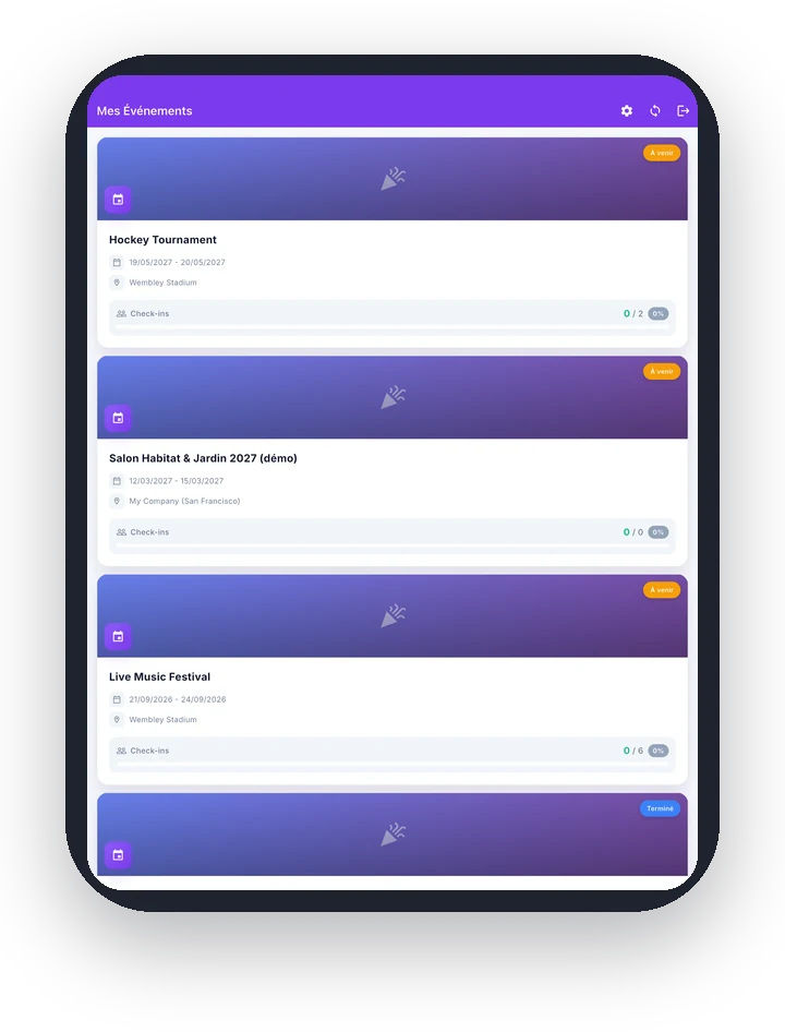ASKA Events sur tablette : liste des événements avec le nombre de check-ins de chacun