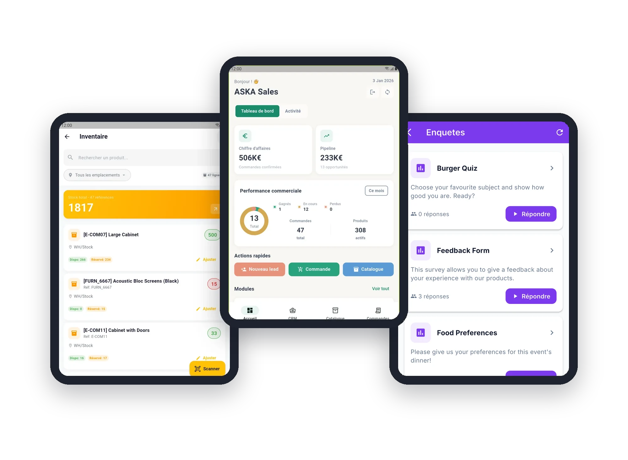 Trois applications ASKA sur tablette : inventaire logistique, tableau de bord commercial et enquêtes d'événement